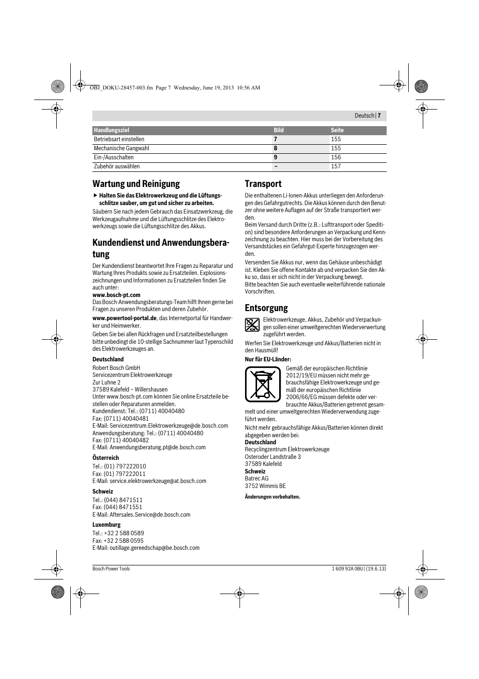 Wartung und reinigung, Kundendienst und anwendungsbera- tung, Transport | Entsorgung | Bosch GSB 14,4 V-LI Professional User Manual | Page 7 / 157