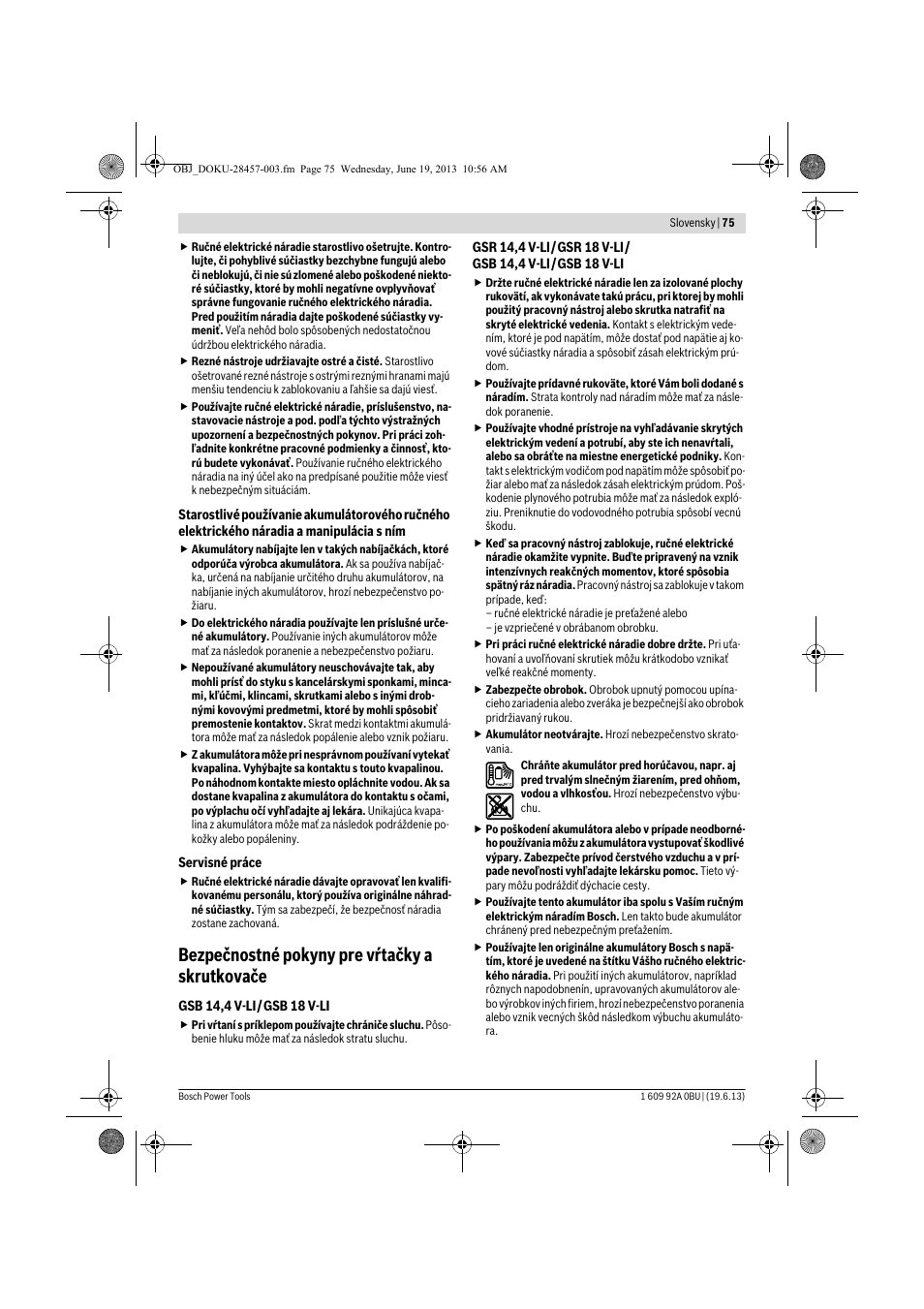 Bezpečnostné pokyny pre vŕtačky a skrutkovače | Bosch GSB 14,4 V-LI Professional User Manual | Page 75 / 157