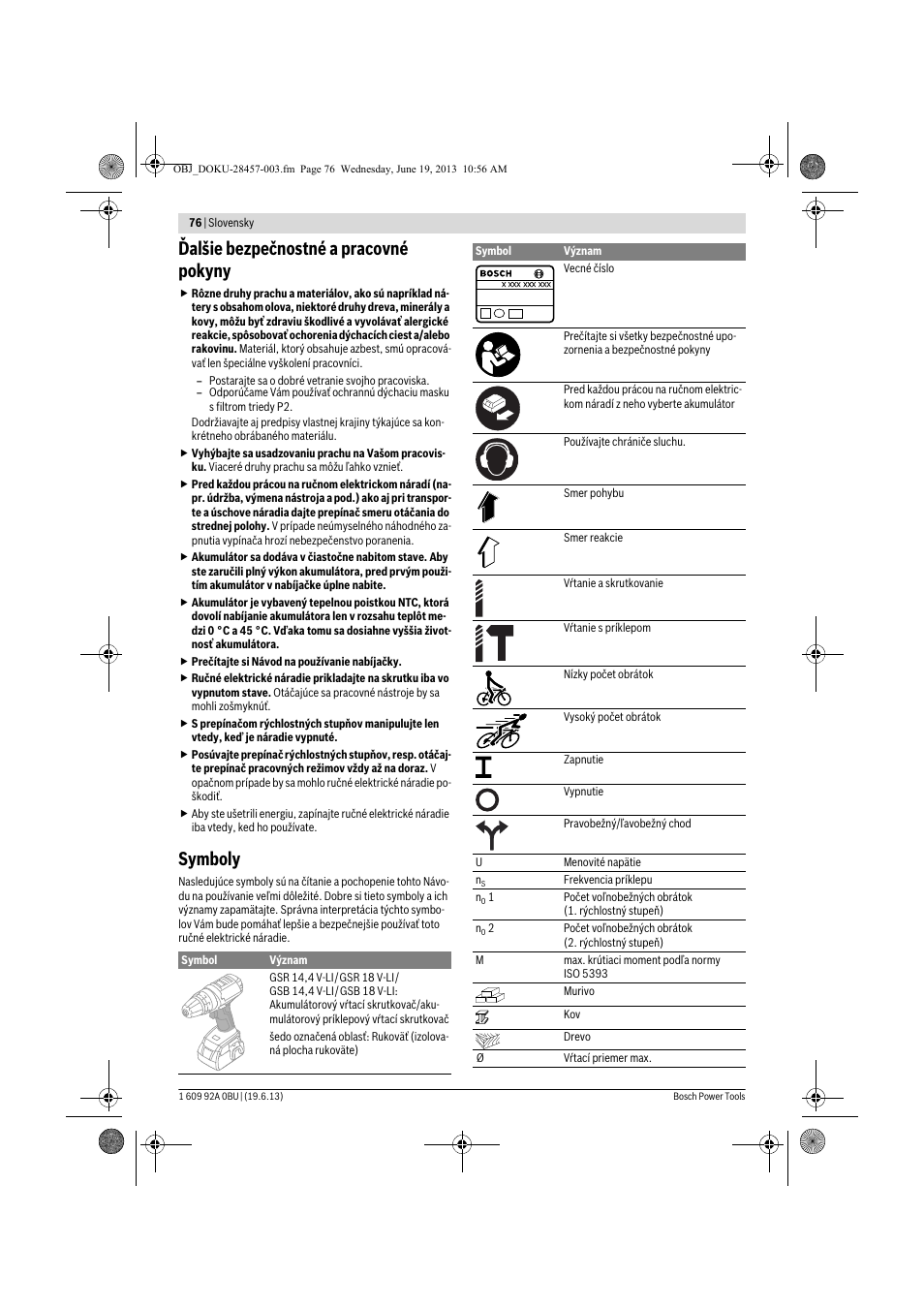 Ďalšie bezpečnostné a pracovné pokyny, Symboly | Bosch GSB 14,4 V-LI Professional User Manual | Page 76 / 157