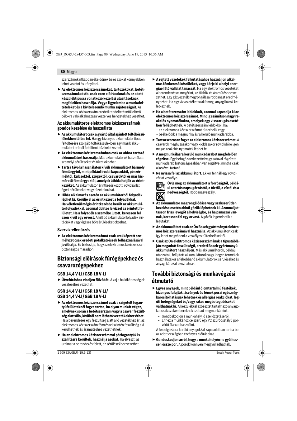 További biztonsági és munkavégzési útmutató | Bosch GSB 14,4 V-LI Professional User Manual | Page 80 / 157