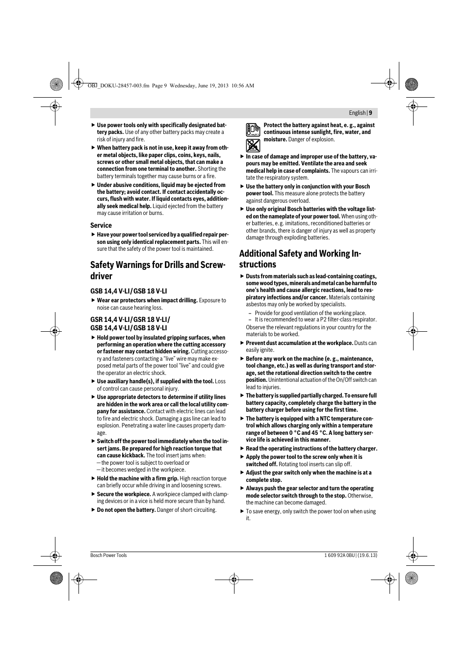 Safety warnings for drills and screw- driver, Additional safety and working in- structions | Bosch GSB 14,4 V-LI Professional User Manual | Page 9 / 157