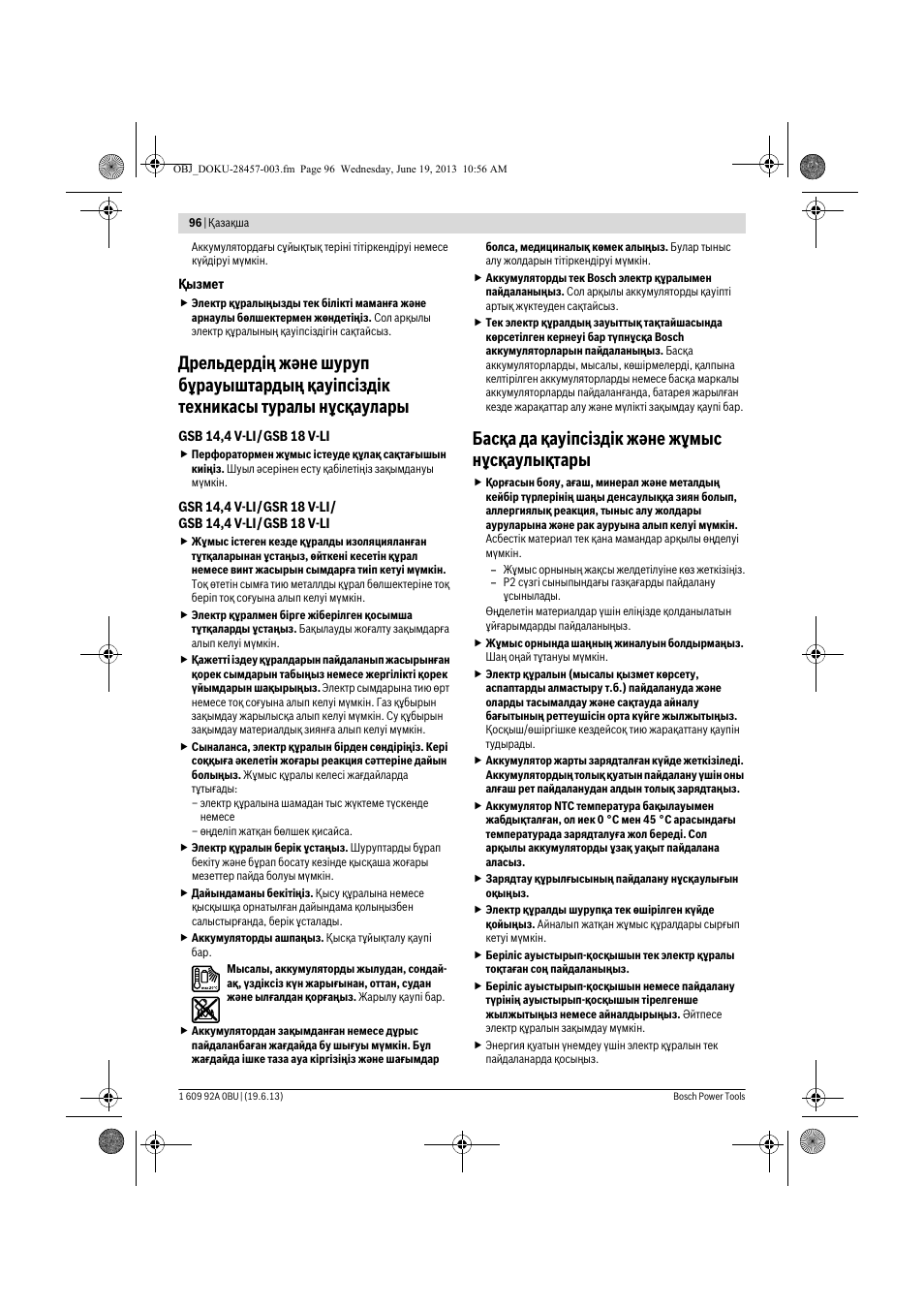 Басқа да қауіпсіздік және жұмыс нұсқаулықтары | Bosch GSB 14,4 V-LI Professional User Manual | Page 96 / 157