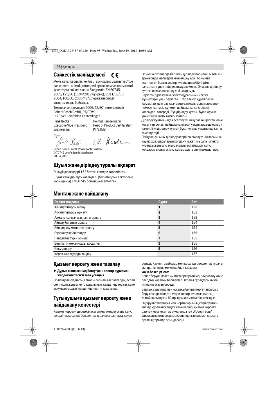 Сәйкестік мәлімдемесі, Шуыл және дірілдеу туралы ақпарат, Монтаж және пайдалану қызмет көрсету және тазалау | Тұтынушыға қызмет көрсету және пайдалану кеңестері | Bosch GSB 14,4 V-LI Professional User Manual | Page 98 / 157