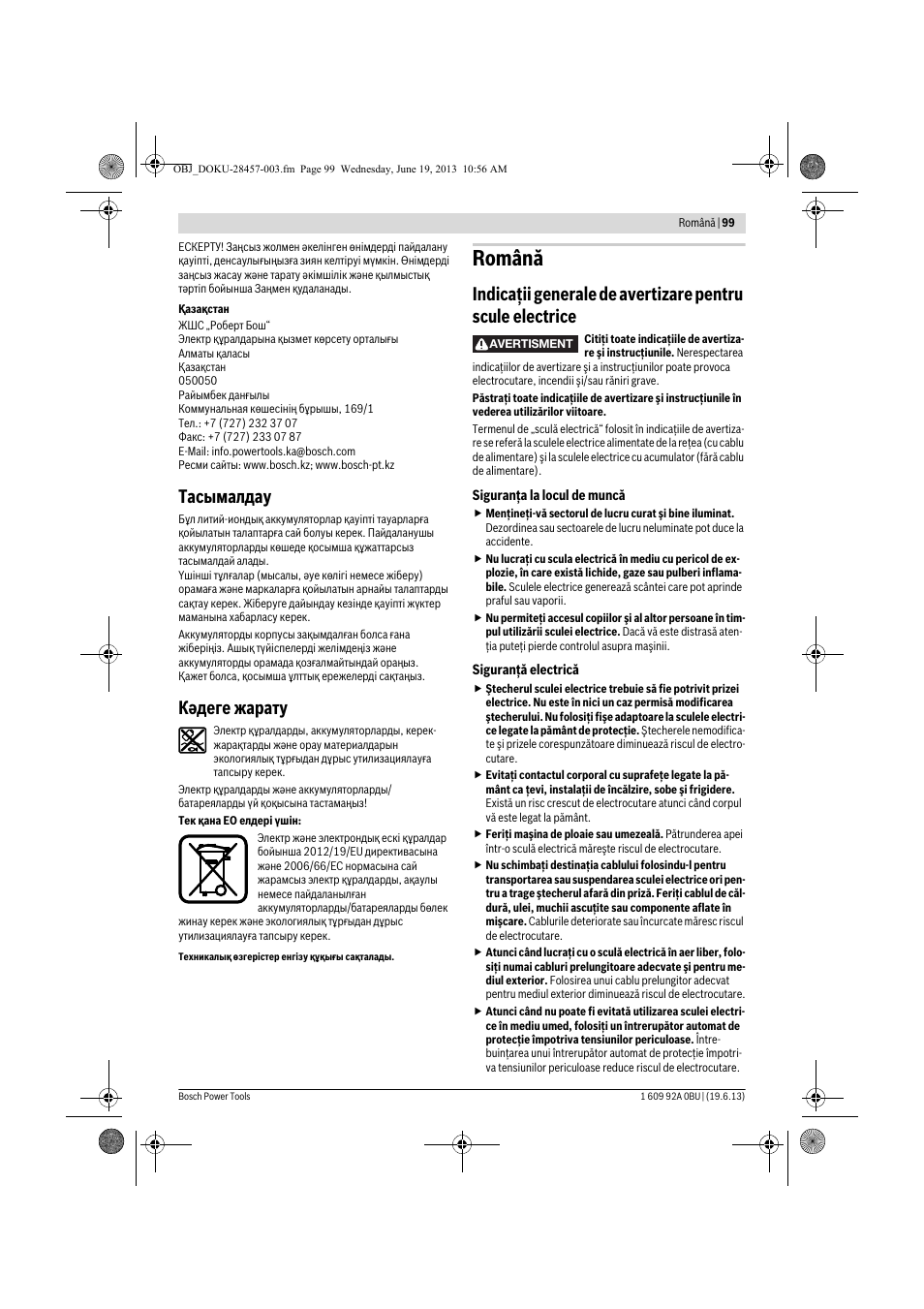 Română, Тасымалдау, Кәдеге жарату | Bosch GSB 14,4 V-LI Professional User Manual | Page 99 / 157