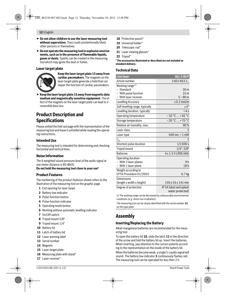 Product description and specifications, Assembly | Bosch GLL 2-80 P Professional User Manual | Page 12 / 193