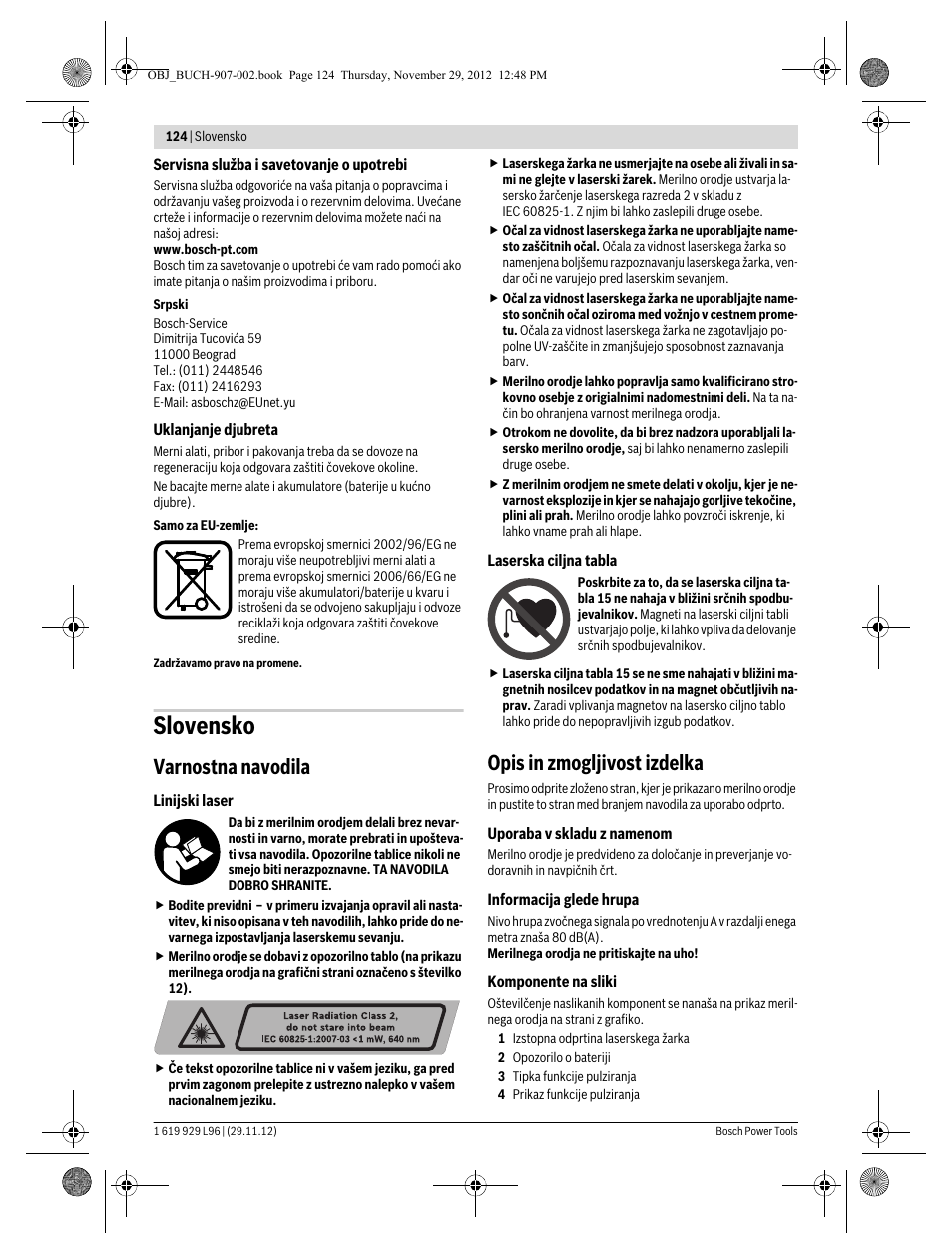 Slovensko, Varnostna navodila, Opis in zmogljivost izdelka | Bosch GLL 2-80 P Professional User Manual | Page 124 / 193