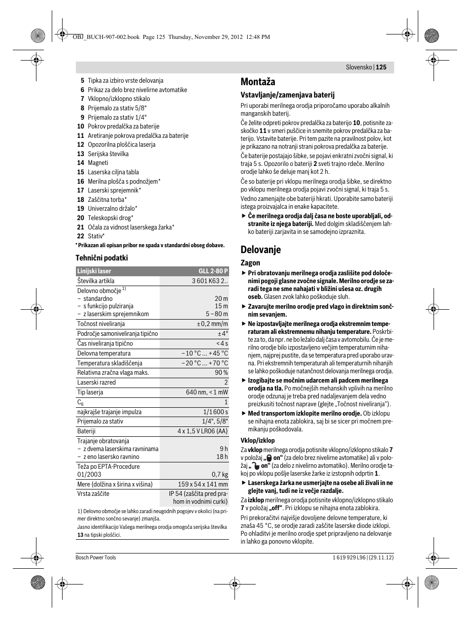 Montaža, Delovanje | Bosch GLL 2-80 P Professional User Manual | Page 125 / 193