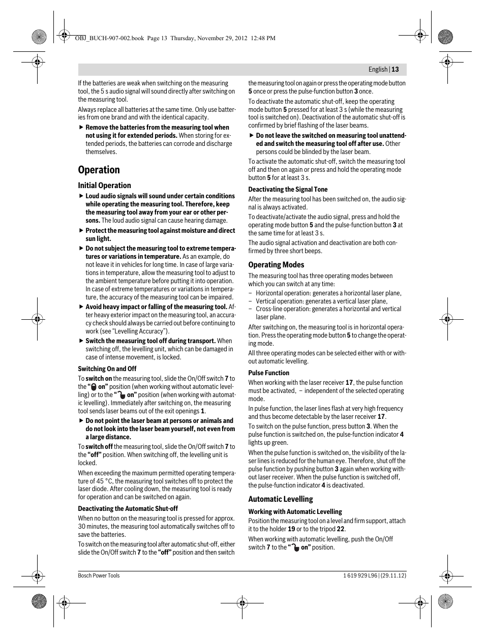 Operation | Bosch GLL 2-80 P Professional User Manual | Page 13 / 193