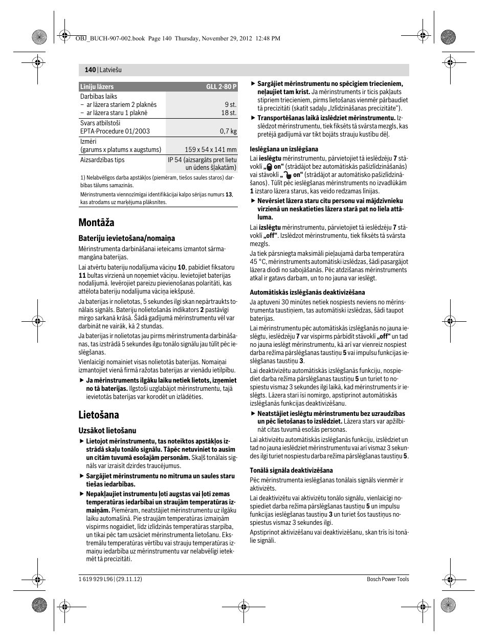 Montāža, Lietošana | Bosch GLL 2-80 P Professional User Manual | Page 140 / 193