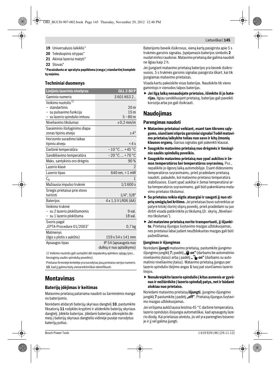 Montavimas, Naudojimas | Bosch GLL 2-80 P Professional User Manual | Page 145 / 193