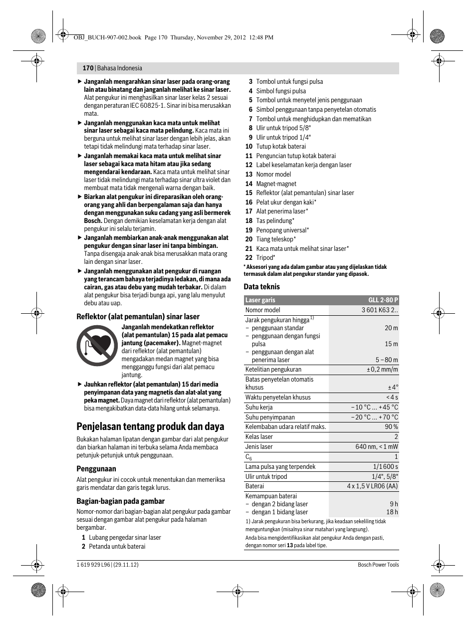 Penjelasan tentang produk dan daya | Bosch GLL 2-80 P Professional User Manual | Page 170 / 193