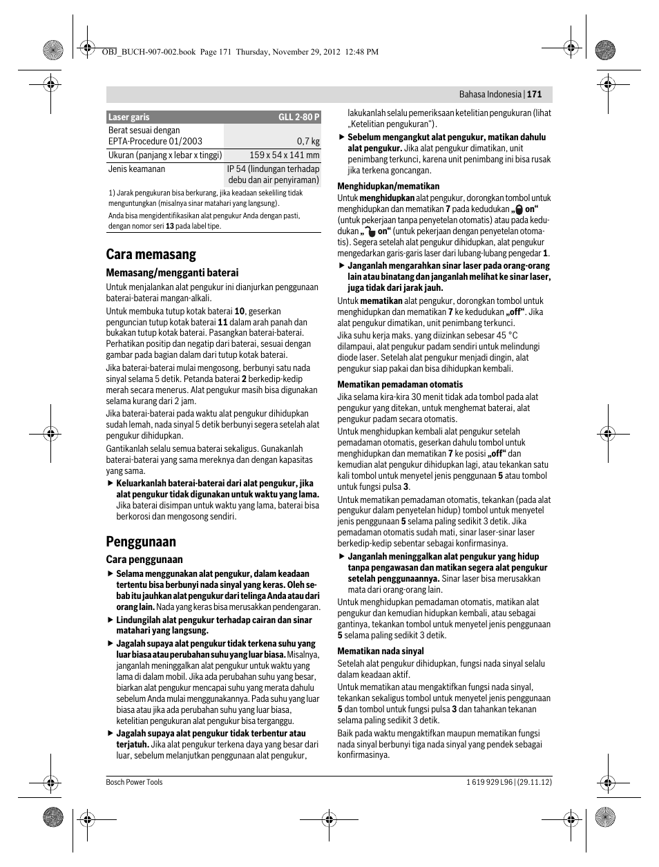 Cara memasang, Penggunaan | Bosch GLL 2-80 P Professional User Manual | Page 171 / 193