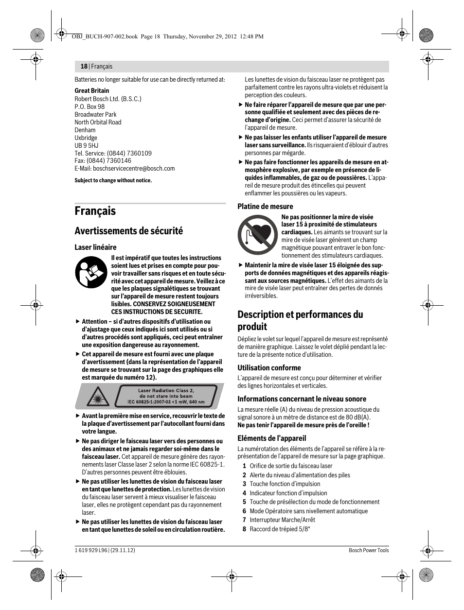 Français, Avertissements de sécurité, Description et performances du produit | Bosch GLL 2-80 P Professional User Manual | Page 18 / 193