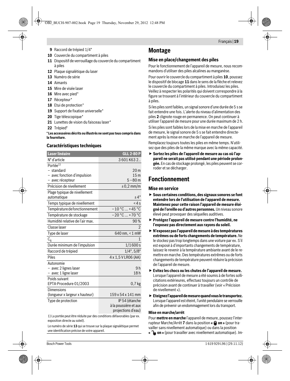 Montage, Fonctionnement | Bosch GLL 2-80 P Professional User Manual | Page 19 / 193