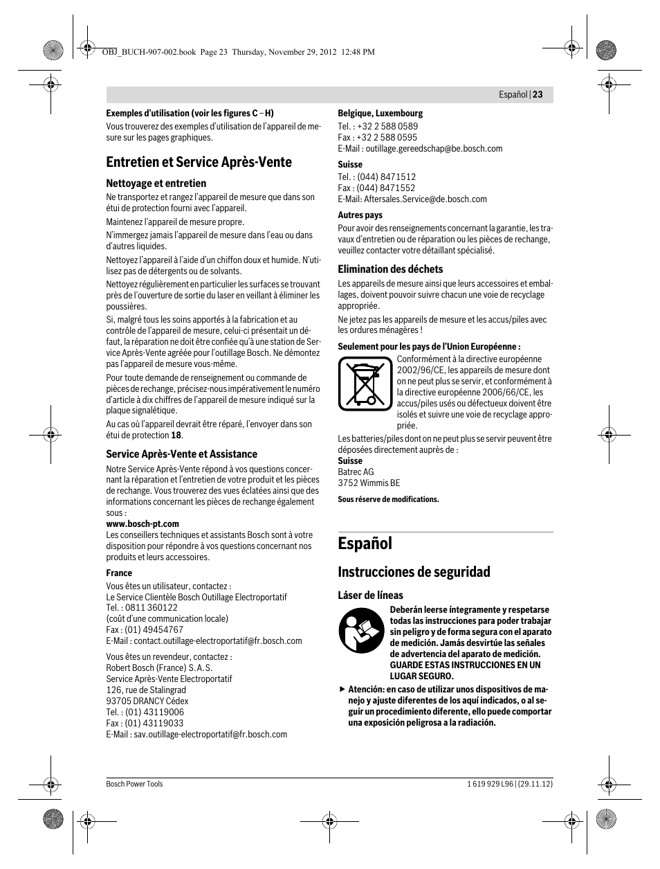 Español, Entretien et service après-vente, Instrucciones de seguridad | Bosch GLL 2-80 P Professional User Manual | Page 23 / 193