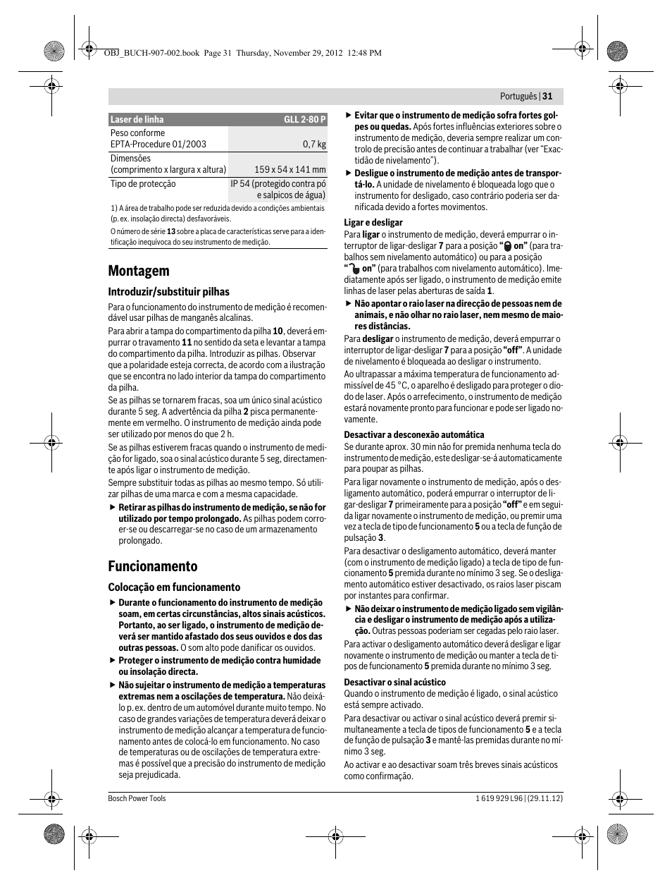 Montagem, Funcionamento | Bosch GLL 2-80 P Professional User Manual | Page 31 / 193