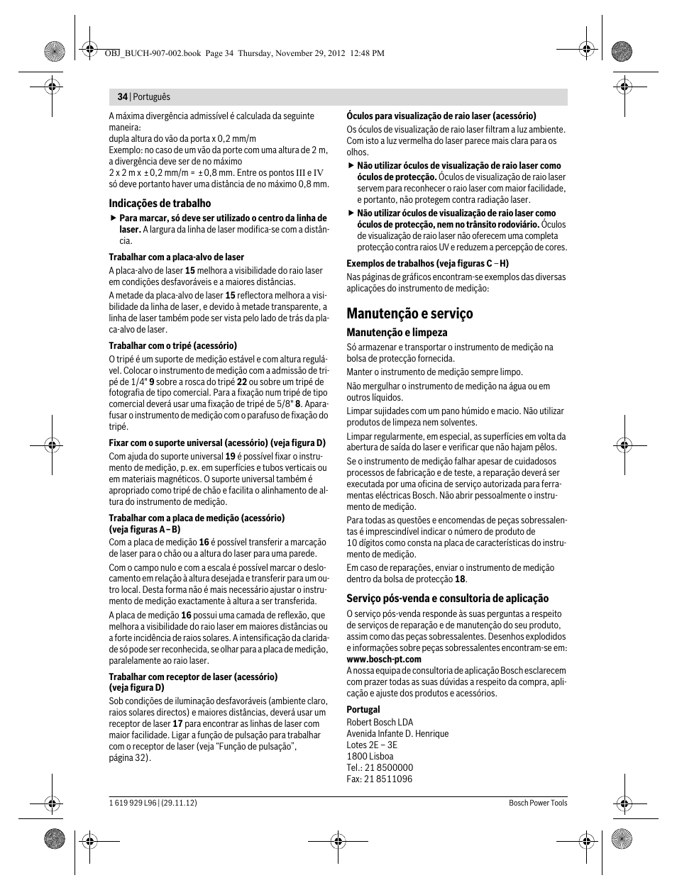 Manutenção e serviço | Bosch GLL 2-80 P Professional User Manual | Page 34 / 193