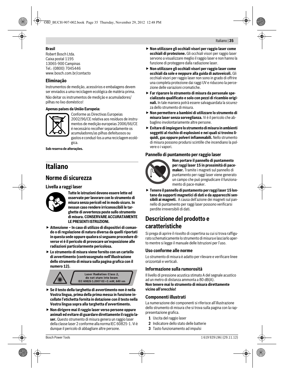 Italiano, Norme di sicurezza, Descrizione del prodotto e caratteristiche | Bosch GLL 2-80 P Professional User Manual | Page 35 / 193