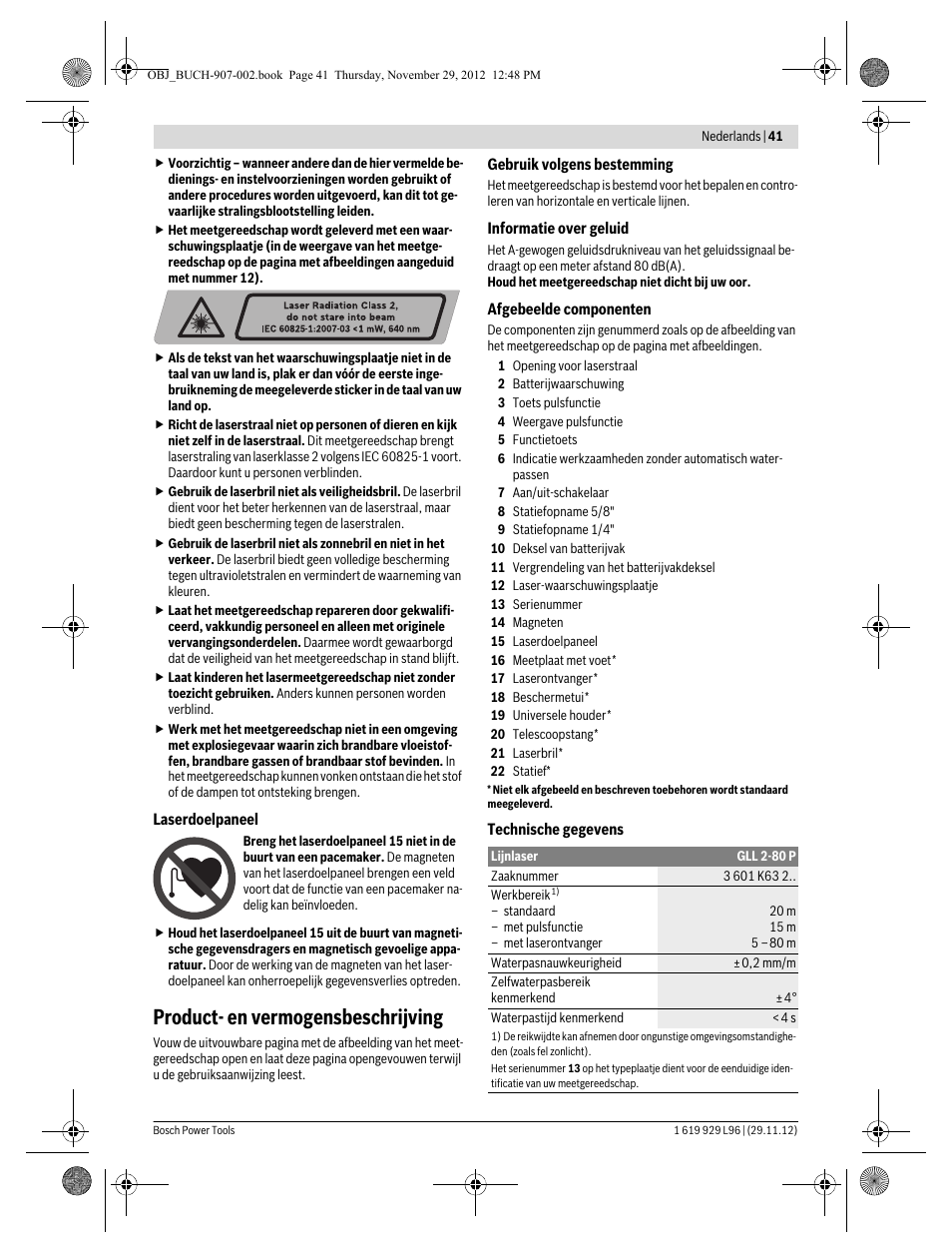 Product- en vermogensbeschrijving | Bosch GLL 2-80 P Professional User Manual | Page 41 / 193