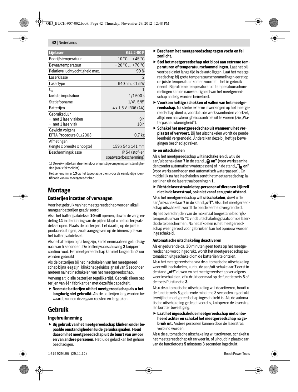 Montage, Gebruik | Bosch GLL 2-80 P Professional User Manual | Page 42 / 193