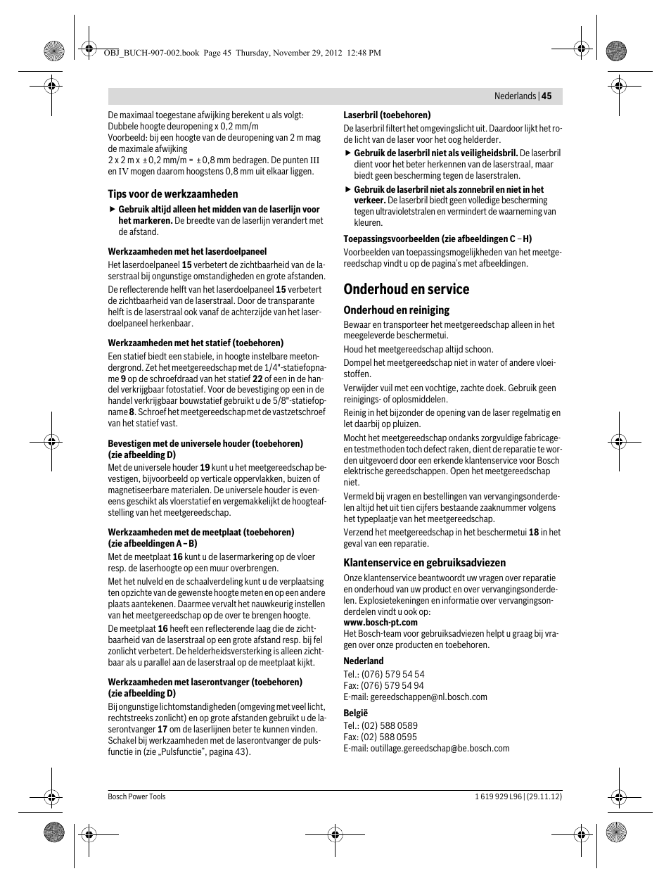 Onderhoud en service | Bosch GLL 2-80 P Professional User Manual | Page 45 / 193