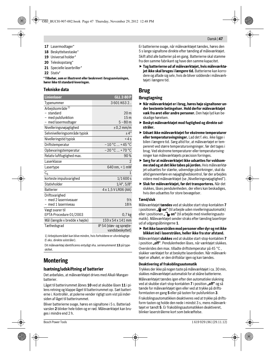 Montering, Brug | Bosch GLL 2-80 P Professional User Manual | Page 47 / 193