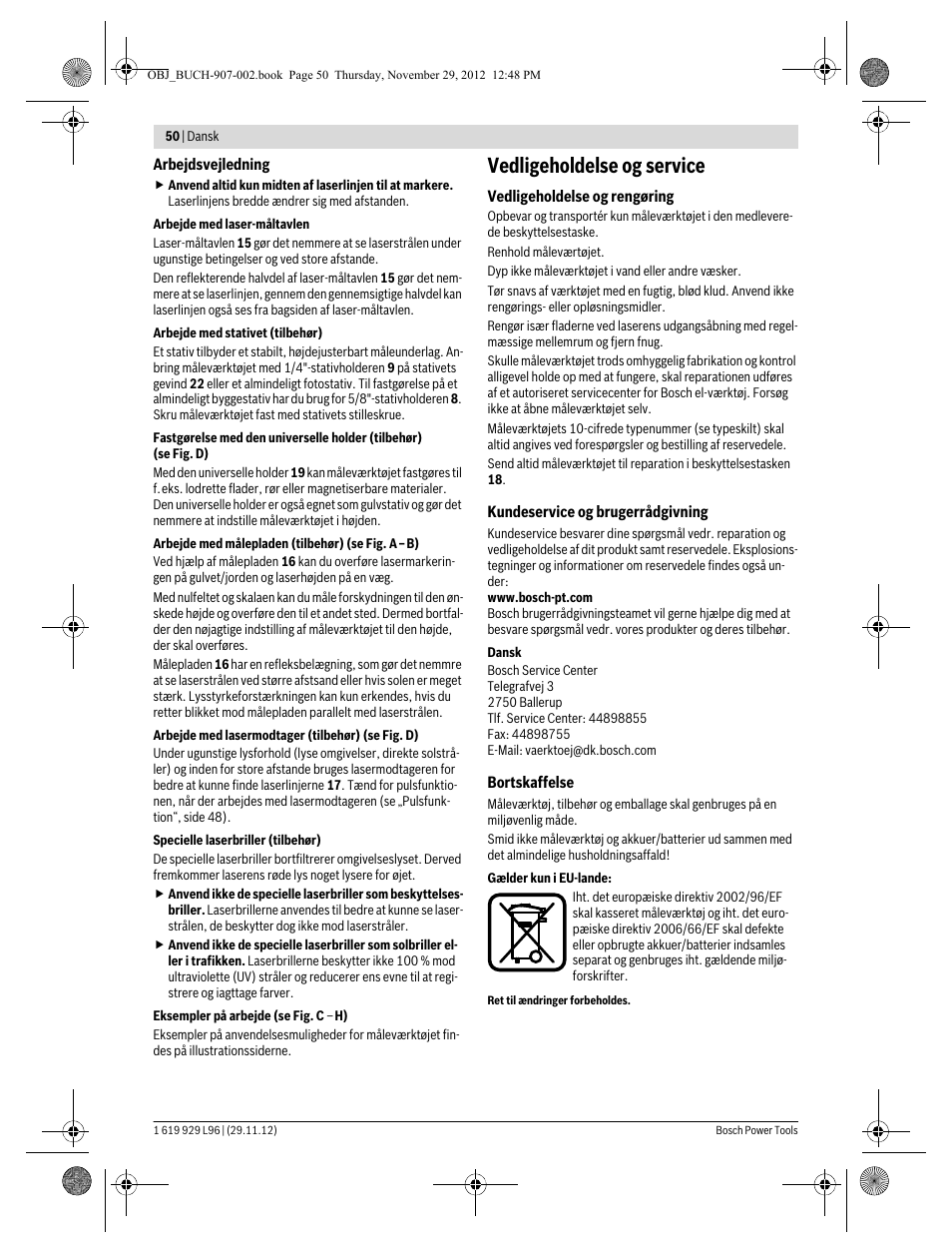 Vedligeholdelse og service | Bosch GLL 2-80 P Professional User Manual | Page 50 / 193