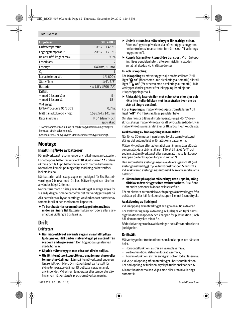 Montage, Drift | Bosch GLL 2-80 P Professional User Manual | Page 52 / 193