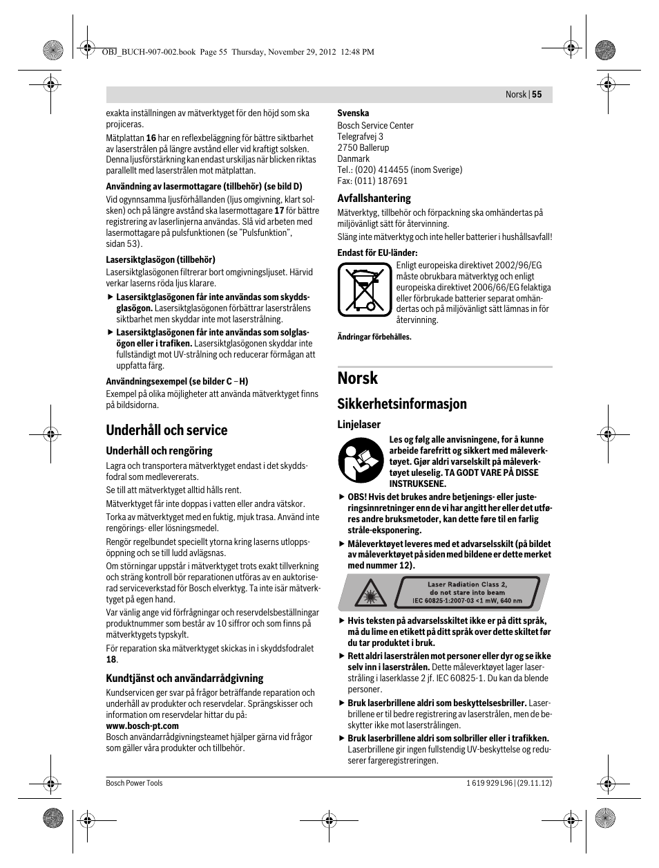 Norsk, Underhåll och service, Sikkerhetsinformasjon | Bosch GLL 2-80 P Professional User Manual | Page 55 / 193