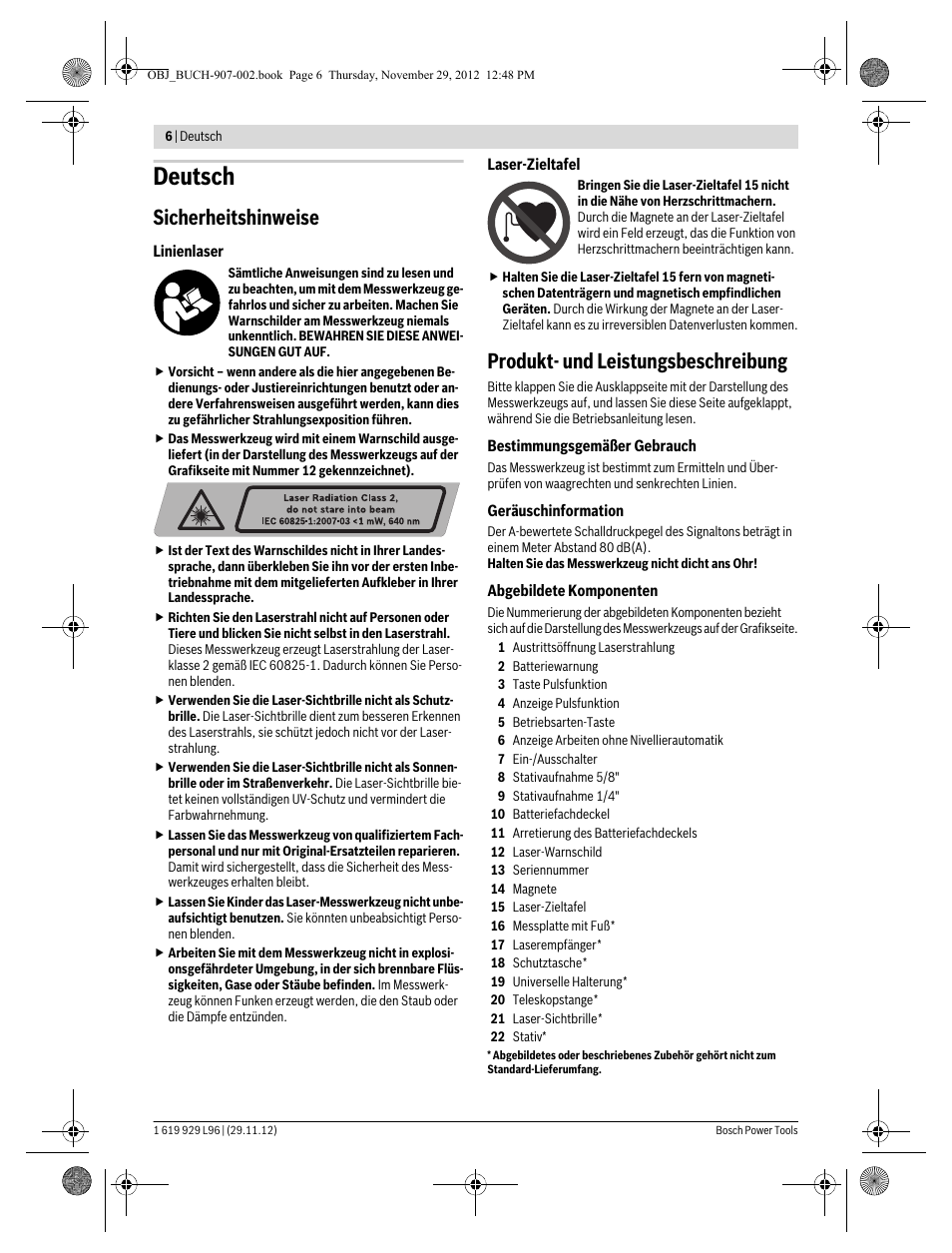 Deutsch, Sicherheitshinweise, Produkt- und leistungsbeschreibung | Bosch GLL 2-80 P Professional User Manual | Page 6 / 193
