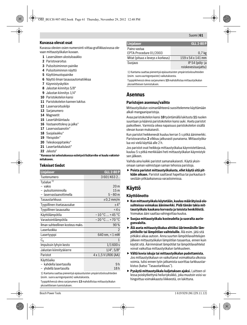 Asennus, Käyttö | Bosch GLL 2-80 P Professional User Manual | Page 61 / 193