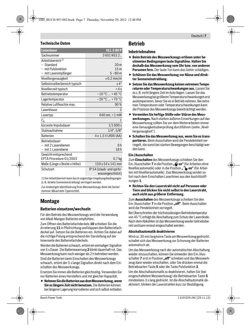 Montage, Betrieb | Bosch GLL 2-80 P Professional User Manual | Page 7 / 193