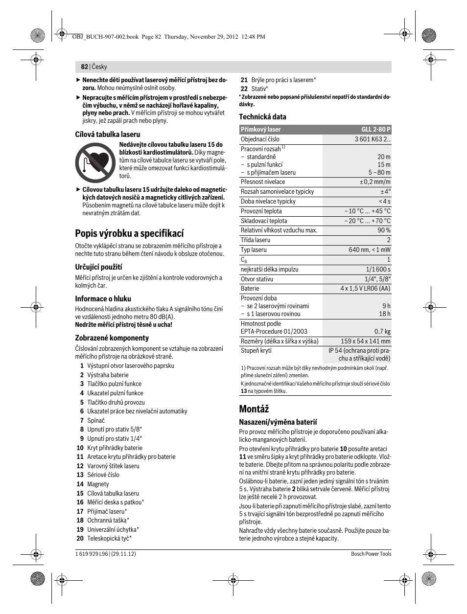 Popis výrobku a specifikací, Montáž | Bosch GLL 2-80 P Professional User Manual | Page 82 / 193