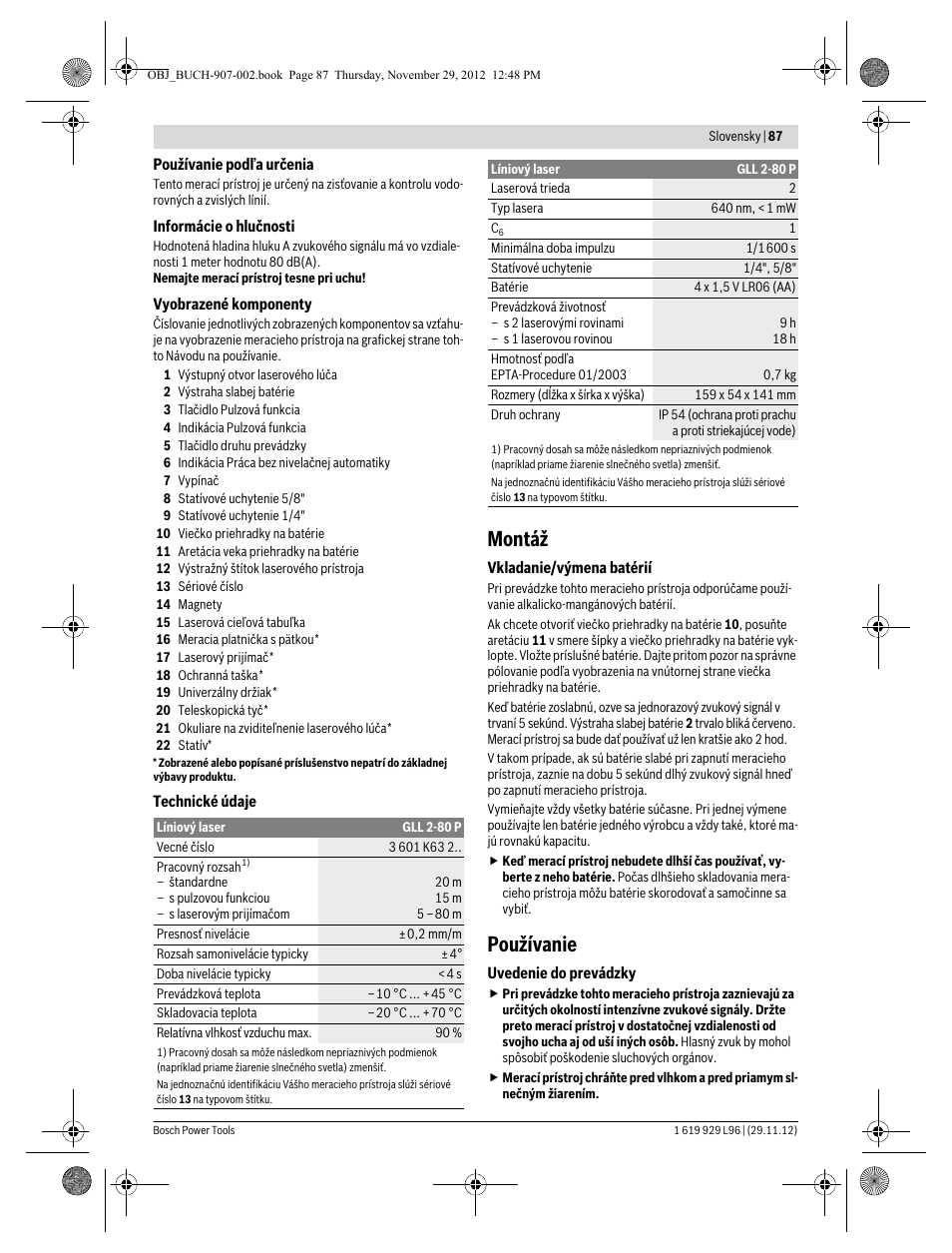 Montáž, Používanie | Bosch GLL 2-80 P Professional User Manual | Page 87 / 193