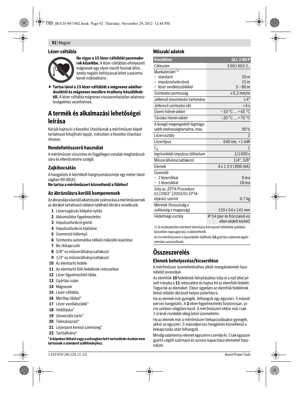 A termék és alkalmazási lehetőségei leírása, Összeszerelés | Bosch GLL 2-80 P Professional User Manual | Page 92 / 193