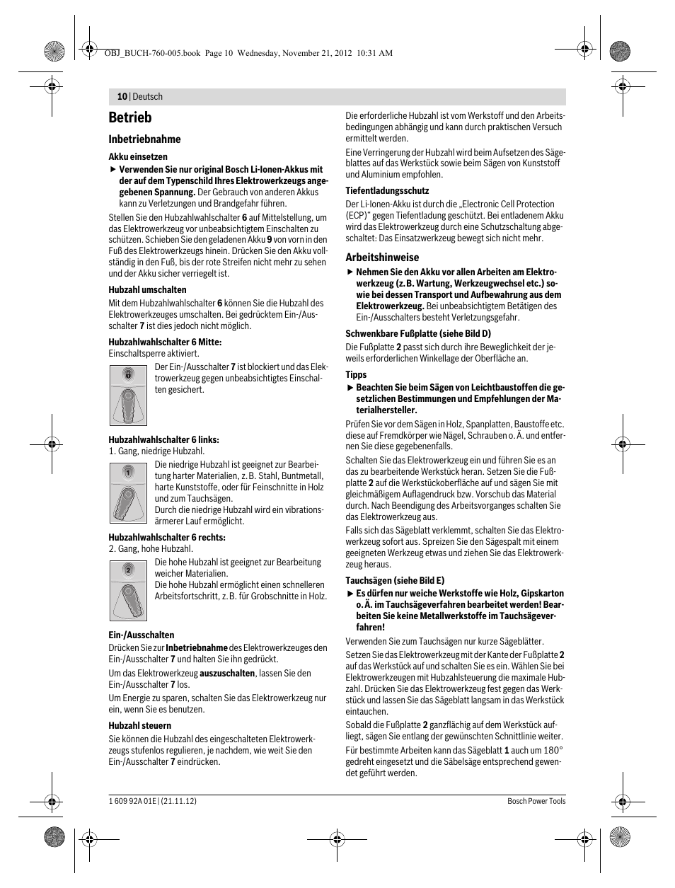 Betrieb | Bosch GSA 18 V-LI Professional User Manual | Page 10 / 189