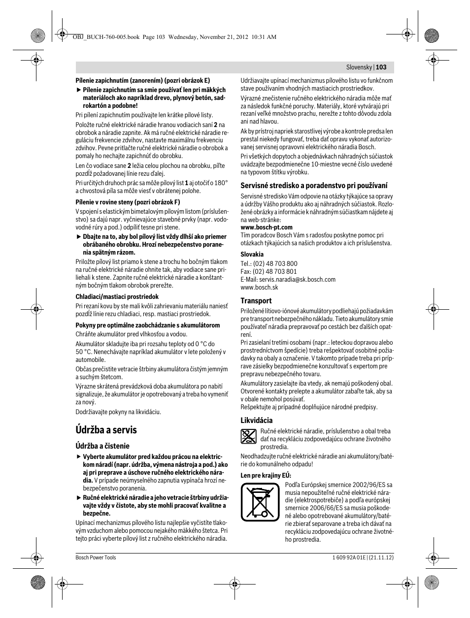 Údržba a servis | Bosch GSA 18 V-LI Professional User Manual | Page 103 / 189