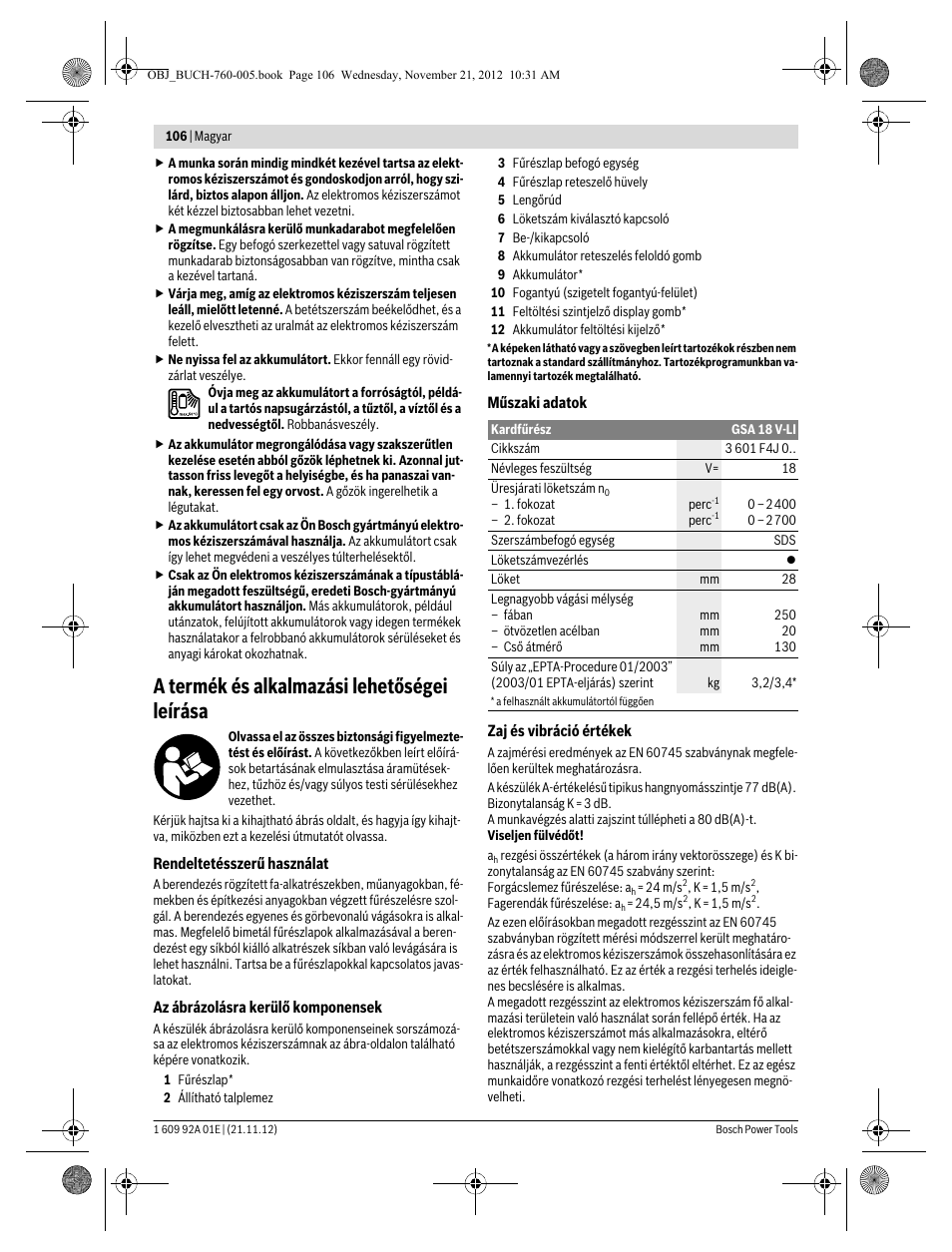 A termék és alkalmazási lehetőségei leírása | Bosch GSA 18 V-LI Professional User Manual | Page 106 / 189