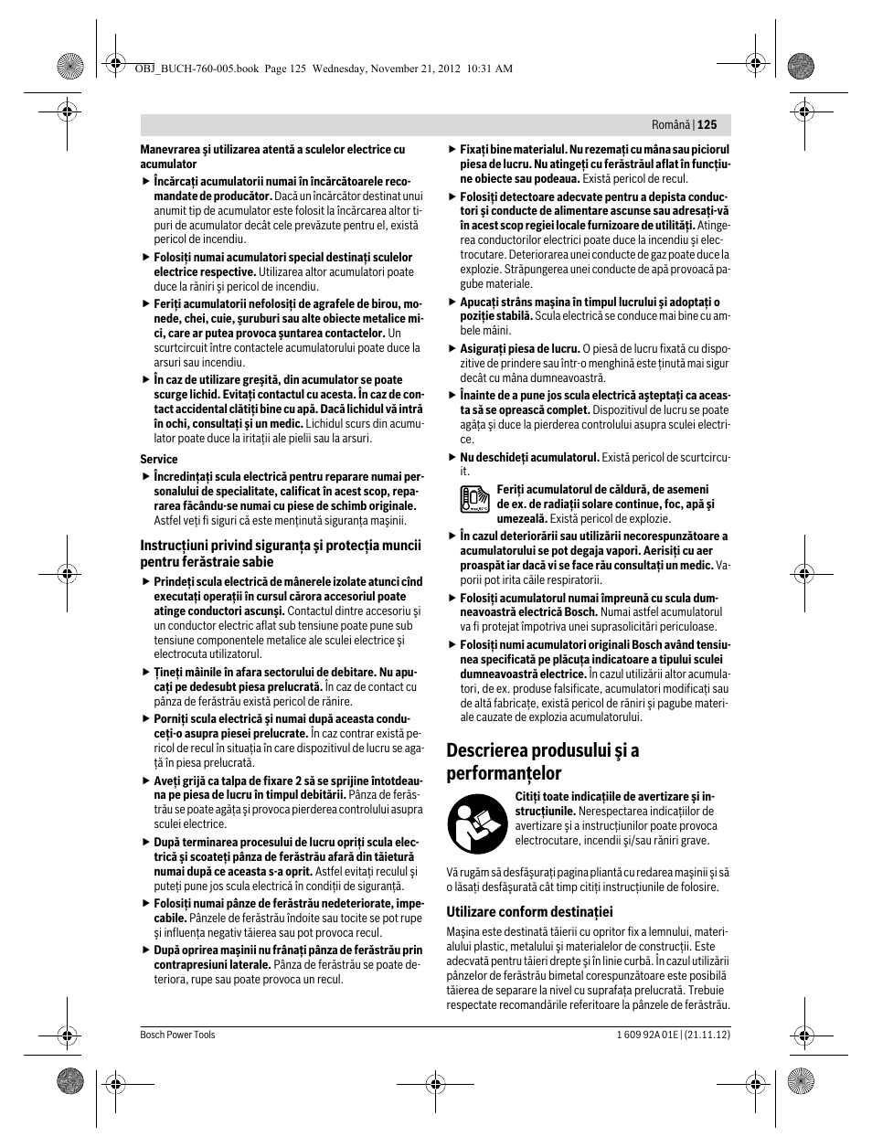 Descrierea produsului şi a performanţelor | Bosch GSA 18 V-LI Professional User Manual | Page 125 / 189