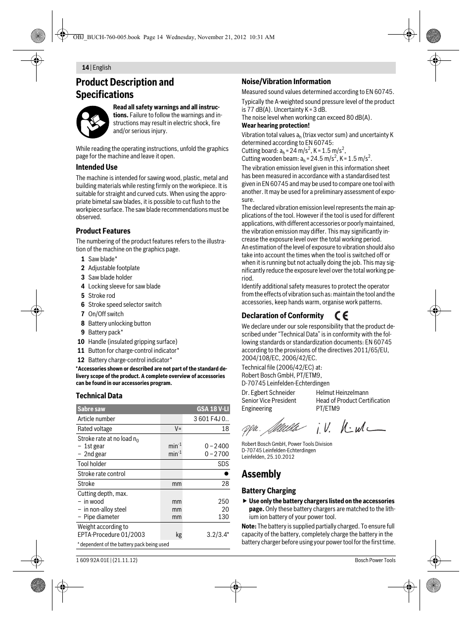 Product description and specifications, Assembly | Bosch GSA 18 V-LI Professional User Manual | Page 14 / 189