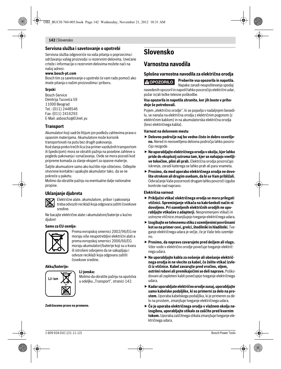 Slovensko, Varnostna navodila | Bosch GSA 18 V-LI Professional User Manual | Page 142 / 189