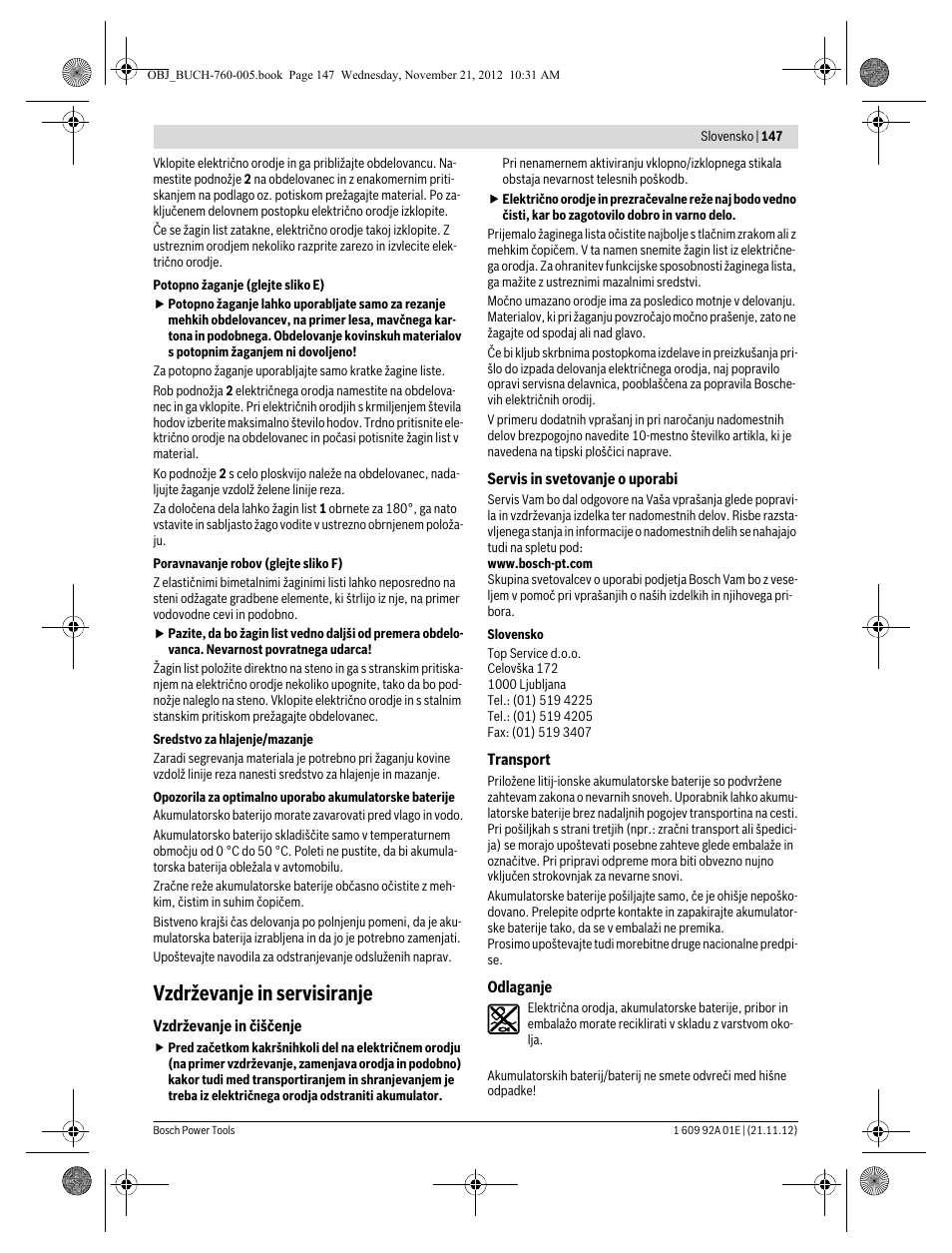 Vzdrževanje in servisiranje | Bosch GSA 18 V-LI Professional User Manual | Page 147 / 189