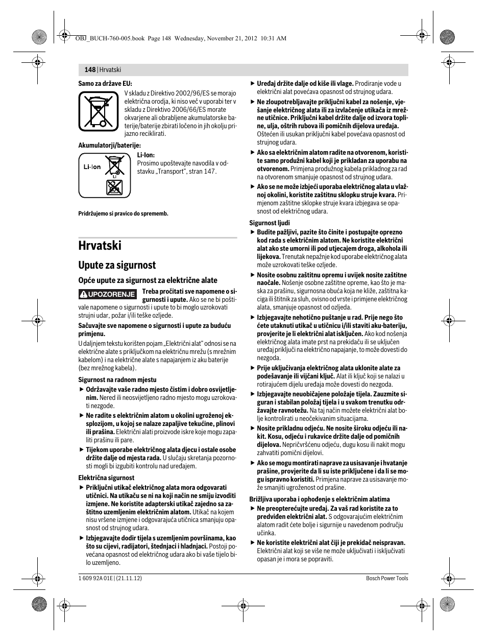 Hrvatski, Upute za sigurnost | Bosch GSA 18 V-LI Professional User Manual | Page 148 / 189