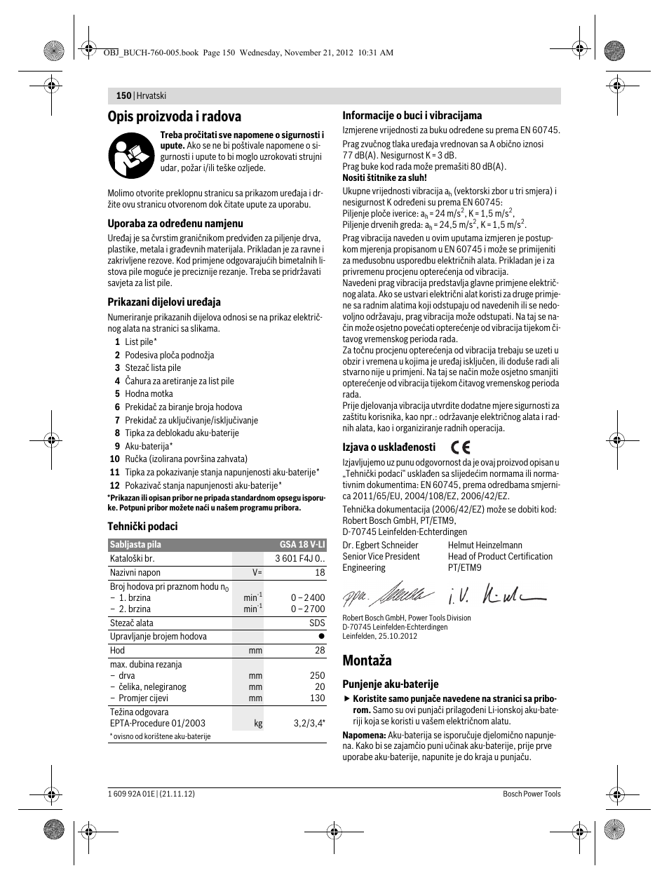 Opis proizvoda i radova, Montaža | Bosch GSA 18 V-LI Professional User Manual | Page 150 / 189