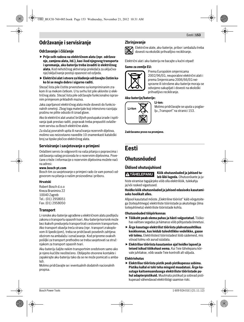Eesti, Održavanje i servisiranje, Ohutusnõuded | Bosch GSA 18 V-LI Professional User Manual | Page 153 / 189