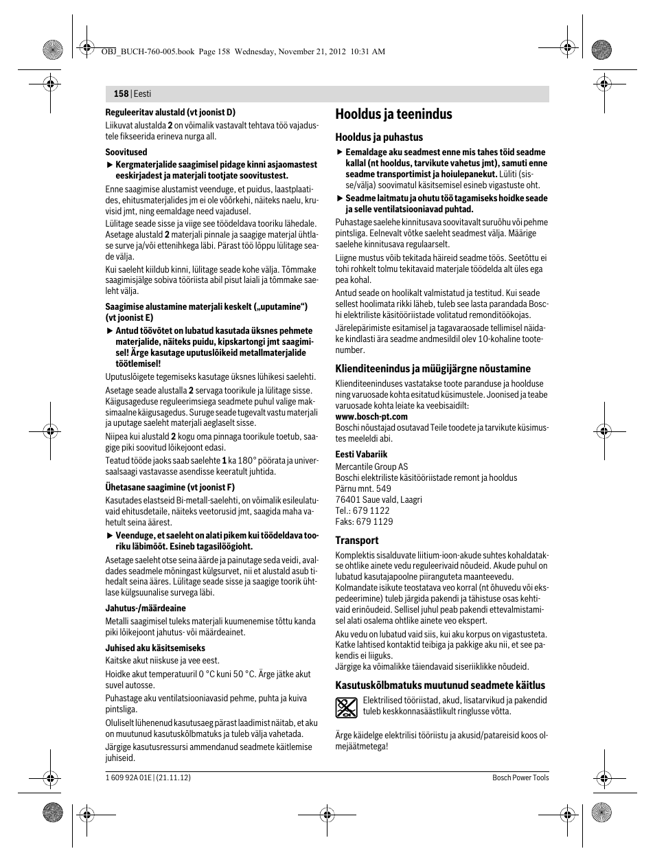 Hooldus ja teenindus | Bosch GSA 18 V-LI Professional User Manual | Page 158 / 189