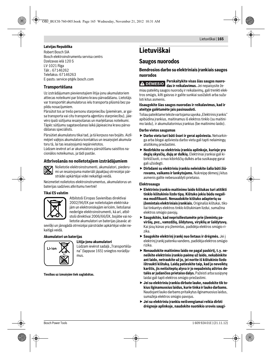 Lietuviškai, Saugos nuorodos | Bosch GSA 18 V-LI Professional User Manual | Page 165 / 189