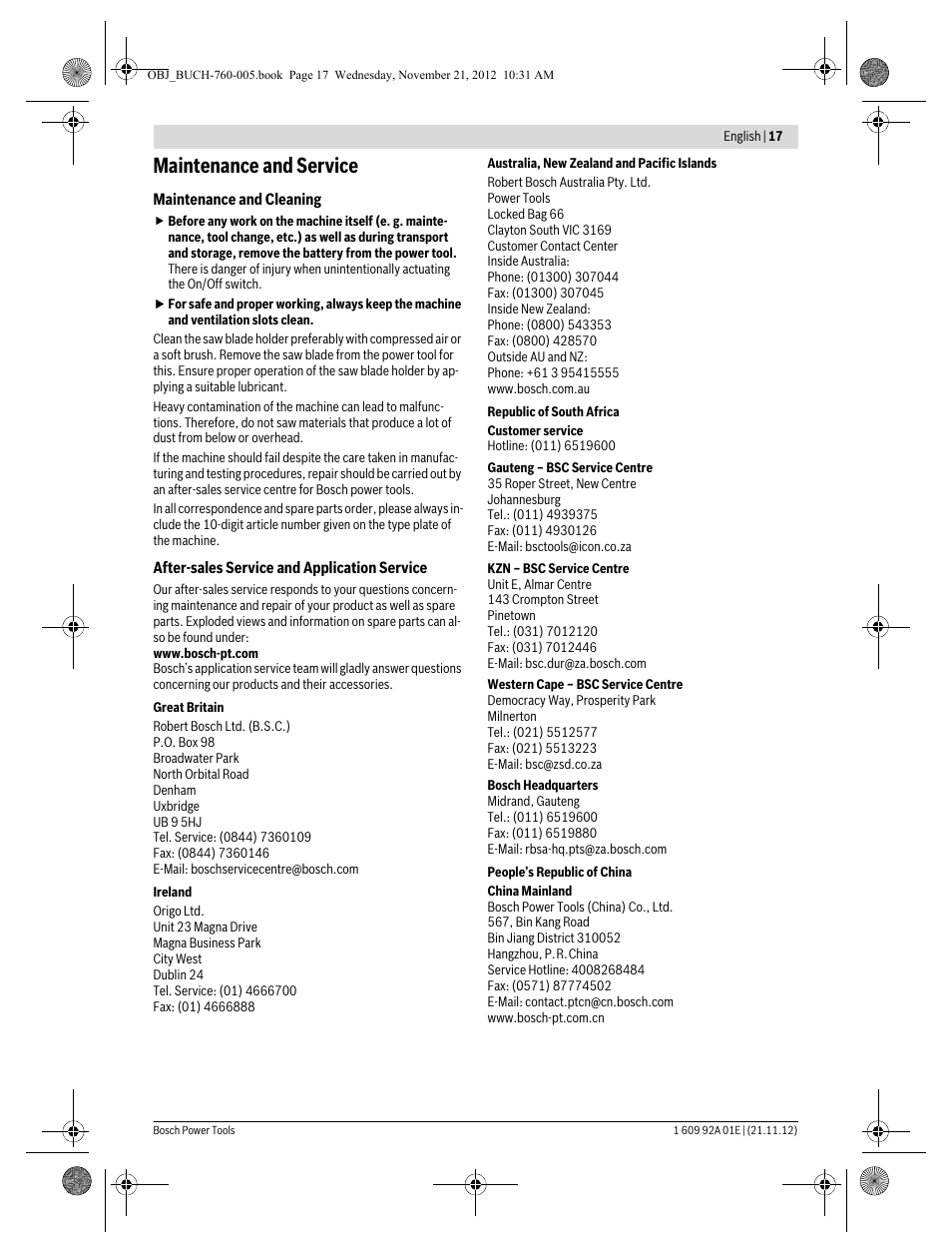 Maintenance and service | Bosch GSA 18 V-LI Professional User Manual | Page 17 / 189