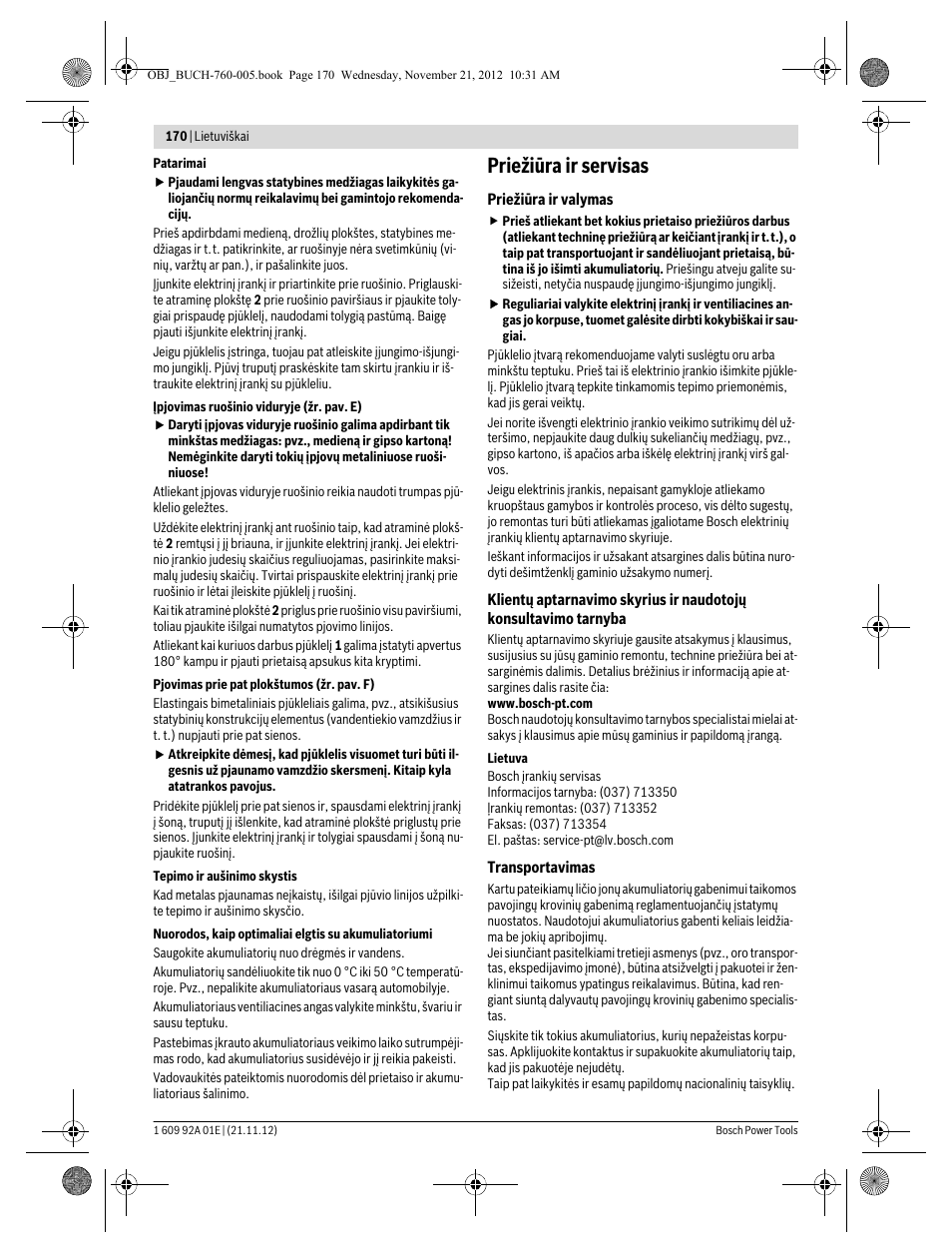 Priežiūra ir servisas | Bosch GSA 18 V-LI Professional User Manual | Page 170 / 189