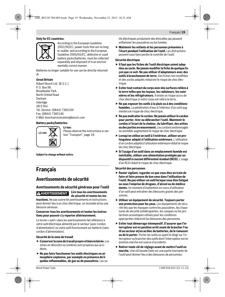 Français, Avertissements de sécurité | Bosch GSA 18 V-LI Professional User Manual | Page 19 / 189